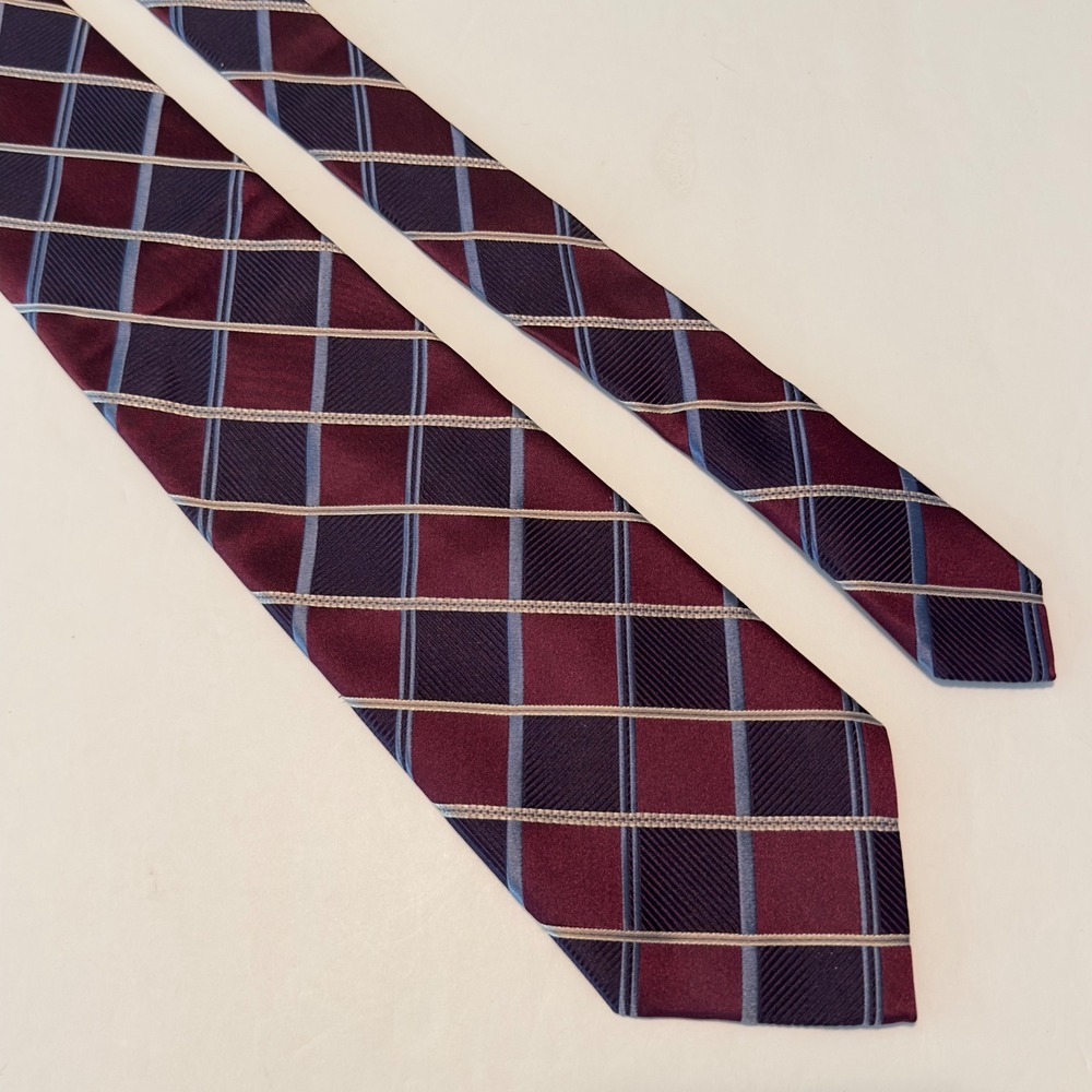 Jones New York Tie Burgundy Navy Blue Plaid Classic Silk Blend 64x3.5 XL Long